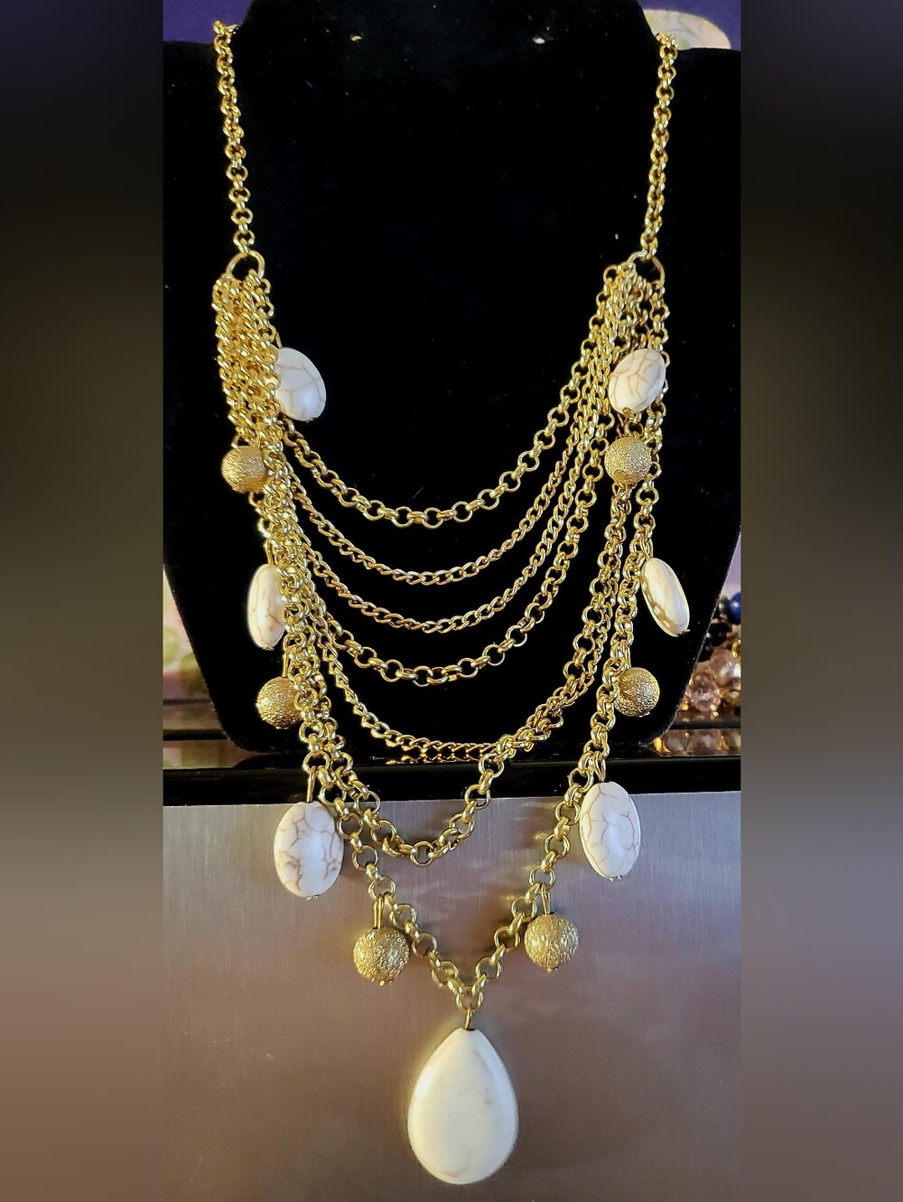 22" Beautiful Gold Tone Multi-Chain Necklace with White Stone Acylic Accents